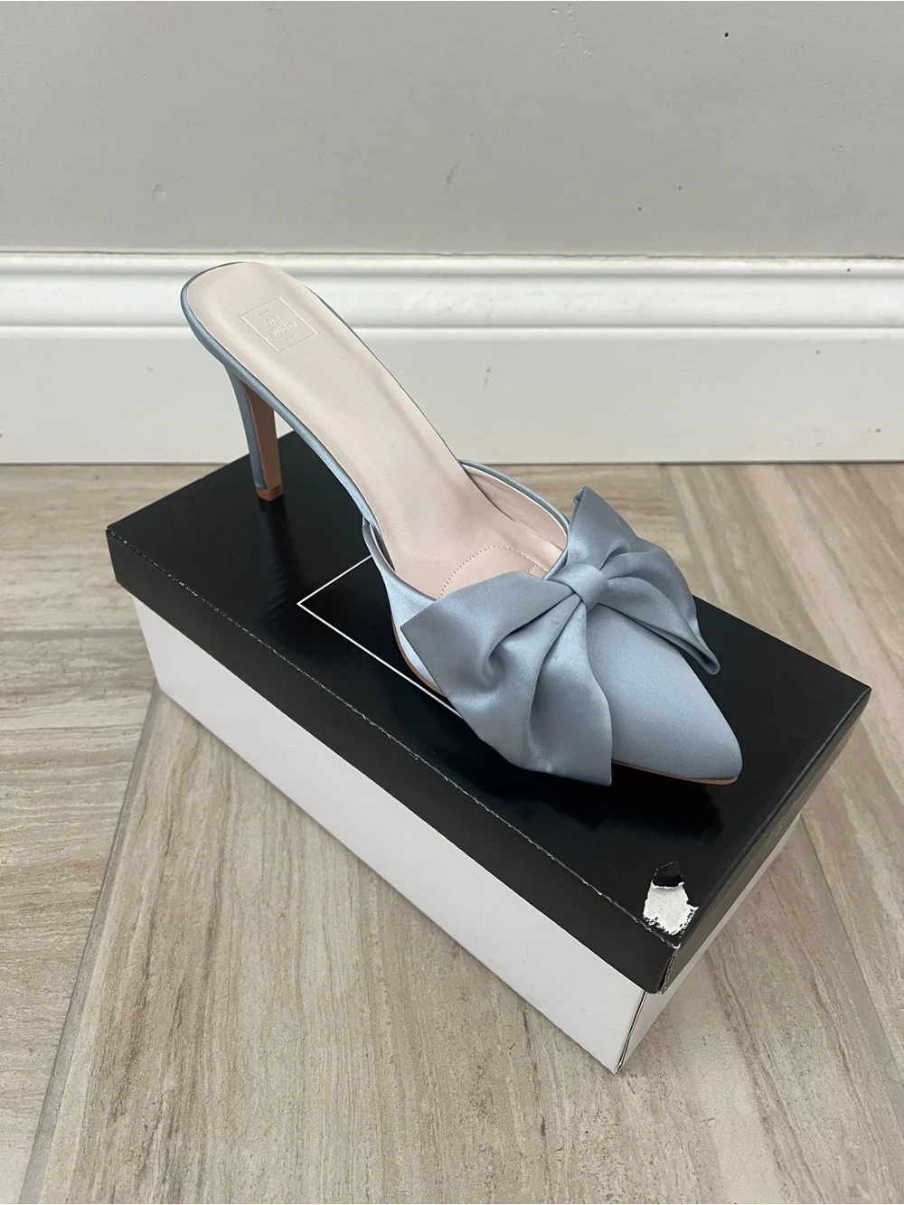 Light Blue Satin Pointed-Toe Mule with Bow - Picture 1 of 5